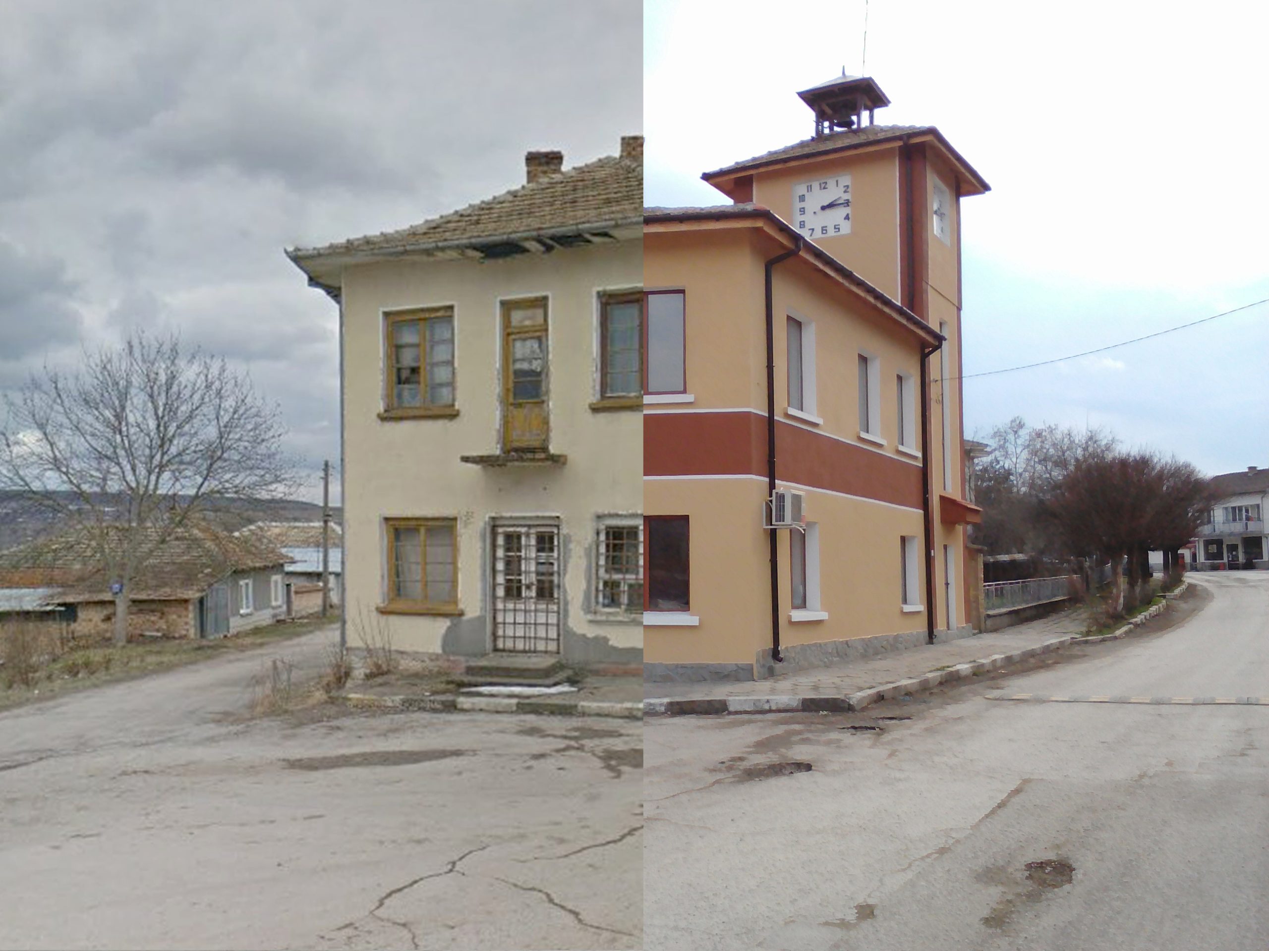 Voditsa's clock tower before and after renovations